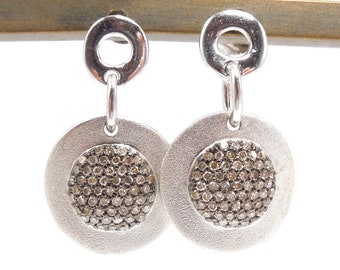 Matte Finished Sterling Silver Disc Earrings with Brown Diamonds