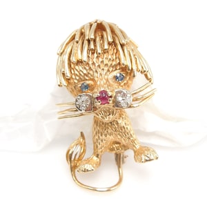 Yellow Gold Stylized Lion Brooch with Ruby Nose, Sapphire Eyes, and Diamond Muzzle