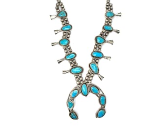 Vintage Native American Silver and Turquoise Squash Blossom Necklace