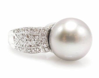 Large South Sea Pearl Ring With Diamonds in White Gold