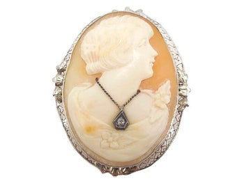 Antique Shell Cameo Pin Brooch in 14K White Gold Filigree Frame