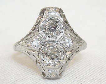 Platinum Two Stone Navette Art Deco Diamond Engagement Ring