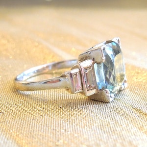 CUSTOM ORDER: Art Deco Cushion Cut Aquamarine in Platinum with Baguette Diamonds Ring