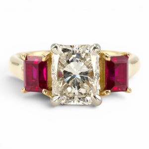 1.47 Carat Radiant Cut Diamond Three Stone Engagement Ring with Rubies in Two-Tone Gold