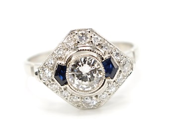 Art Deco Half Carat Diamond Engagement Ring with Pentagonal Cut Sapphire Accents in Platinum