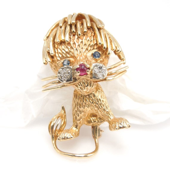 Yellow Gold Stylized Lion Brooch with Ruby Nose, … - image 2