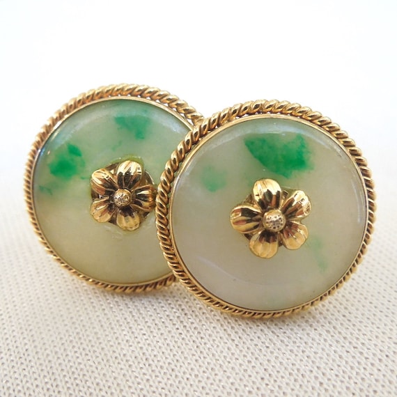 Large 14K Yellow Gold Jade Cufflinks - image 1