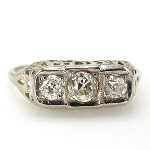 Art Deco Three Stone Old Mine Cut White Gold Diamond Ring