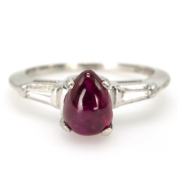 Pear Shaped Cabochon Ruby Platinum Ring with Tape… - image 1