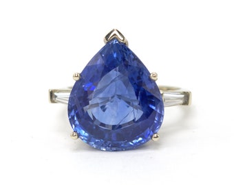 GIA Certified 12.70ct Sri Lankan Pear Blue Sapphire in White Gold with Baguettes