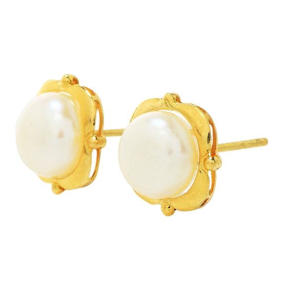 Button Pearl Stud Earrings in Square Yellow Gold … - image 2