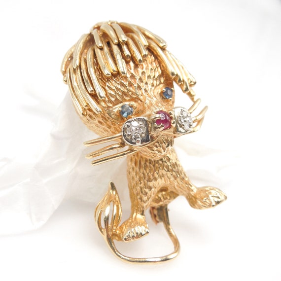 Yellow Gold Stylized Lion Brooch with Ruby Nose, … - image 3