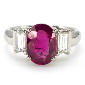 Estate 2.15 Carat GIA Oval Burmese Ruby Solitaire with Baguette Accent Diamonds