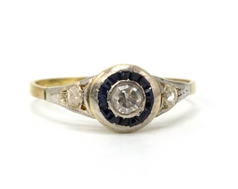 Edwardian Platinum and Yellow Gold Diamond Engagement Ring with Sapphire Halo