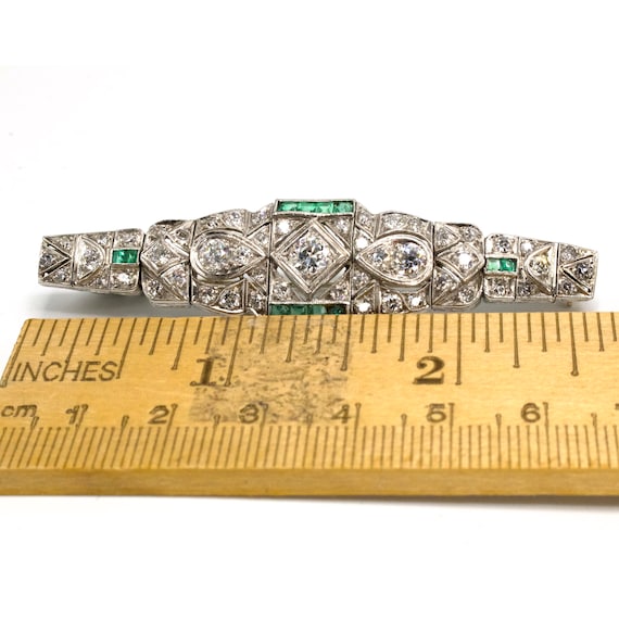 Art Deco Geometric Diamond and Emerald Bar Pin Br… - image 4