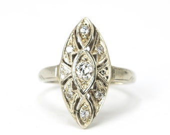 Antique Art Deco Diamond and White Gold Navette Ring