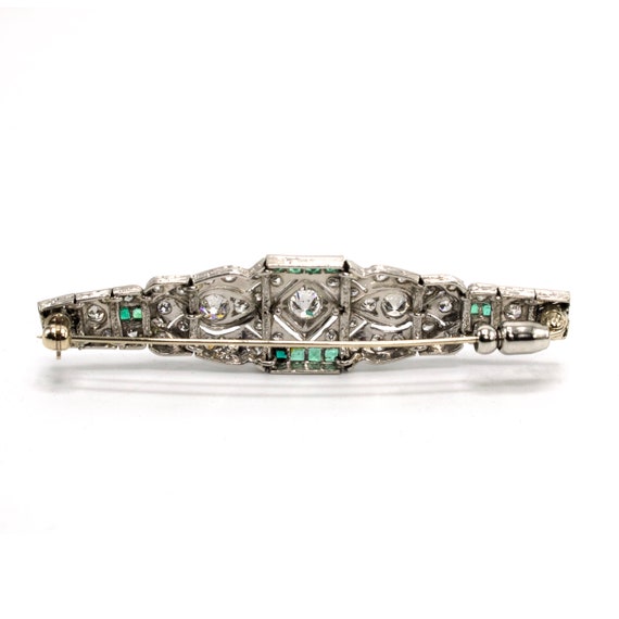 Art Deco Geometric Diamond and Emerald Bar Pin Br… - image 3