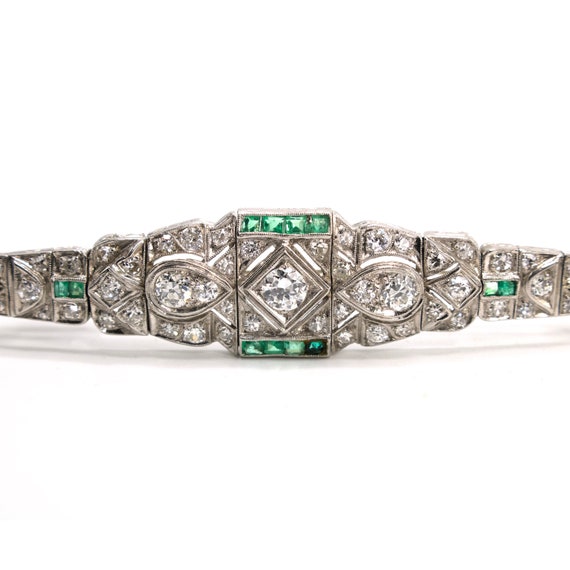 Art Deco Geometric Diamond and Emerald Bar Pin Br… - image 2