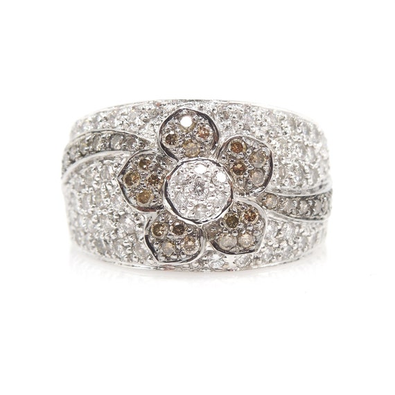 Wide Brown and White Diamond Flower Band - White G