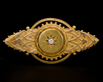 Etruscan Revival Brooch with Old European Cut Diamond and Hidden Compartment