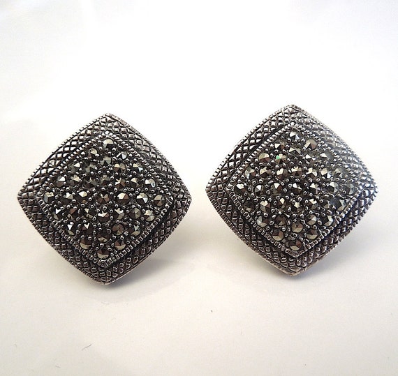 Antique vintage Marcasite 925 sterling silver clip on button earrings