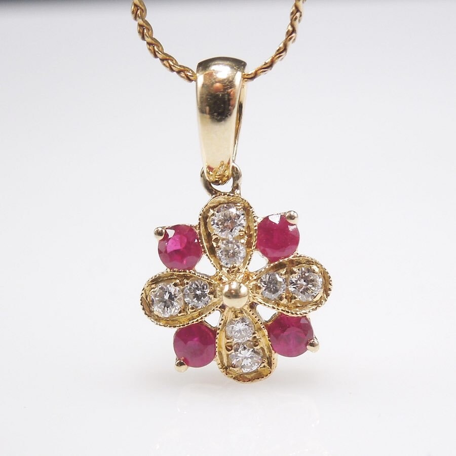 Yellow Gold Diamond and Ruby Flower Pendant - Etsy