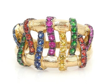Multicolored Sapphire, Ruby, and Chrome Diopside Wide Ring in Carved Yellow Gold