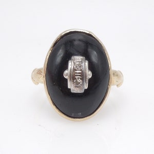 10K Yellow Gold Art Deco 1930s Domed Onyx Ring with Two Diamonds Framed in White Gold
