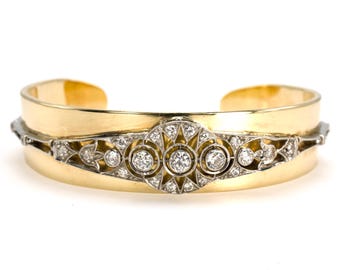 Art Deco Platinum and Diamond Bracelet on Modern Gold Cuff