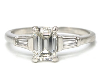Classic 1.00 Carat Emerald Cut Diamond Engagement Ring in Platinum with Accent Baguettes