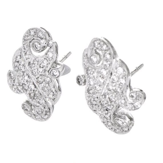 Estate Diamond 18K White Gold  Filigree Swirl Ear… - image 2