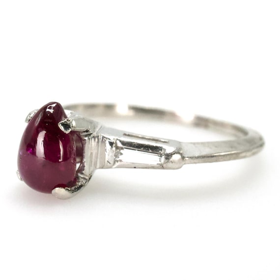 Pear Shaped Cabochon Ruby Platinum Ring with Tape… - image 2