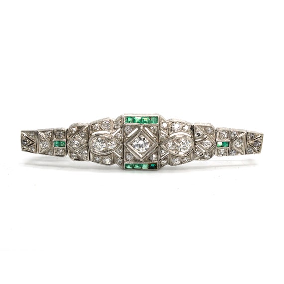 Art Deco Geometric Diamond and Emerald Bar Pin Br… - image 1