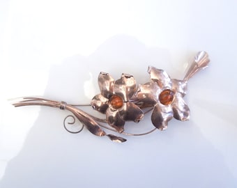 Vermeil Flower and Orange Gem Brooch - Pin