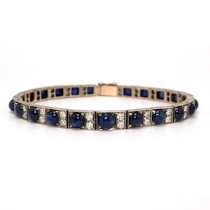 Art Deco Diamond and Cabochon Sapphire Link Bracelet in White Gold