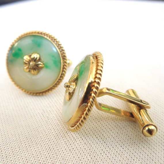 Large 14K Yellow Gold Jade Cufflinks - image 2