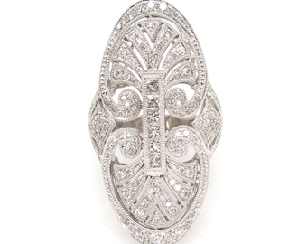 Art Deco Style 18K White Gold and Diamond Navette Ring