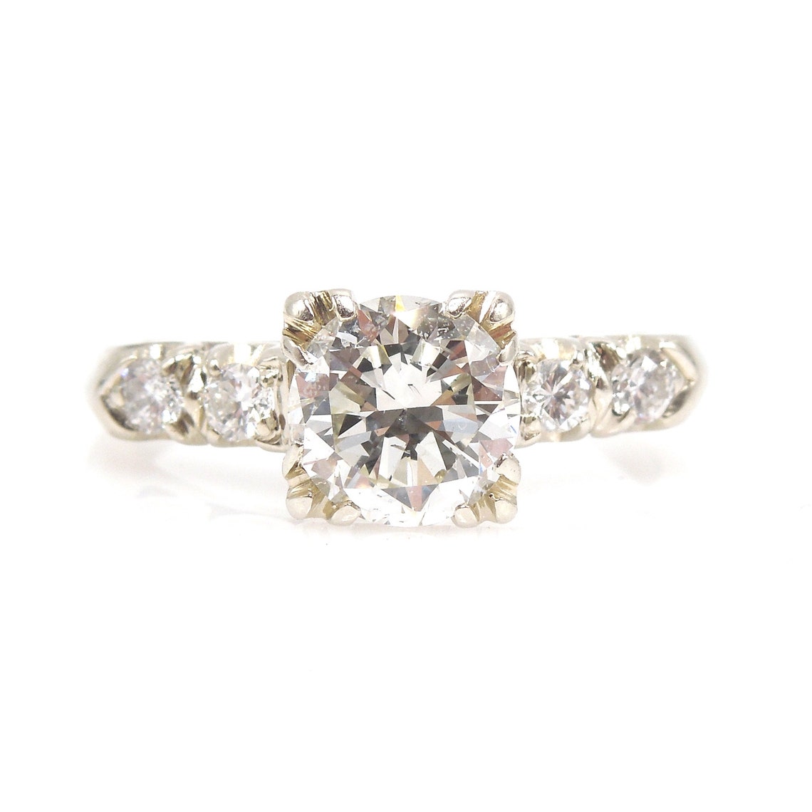 Classic 1 Carat Diamond Ring With Four Accent Diamonds in 14K White ...