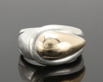 Large Modernist Style Sterling Silver and 14K Ring