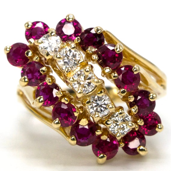 Yellow Gold Diamond and Ruby Waterfall Bypass Ring - image 1