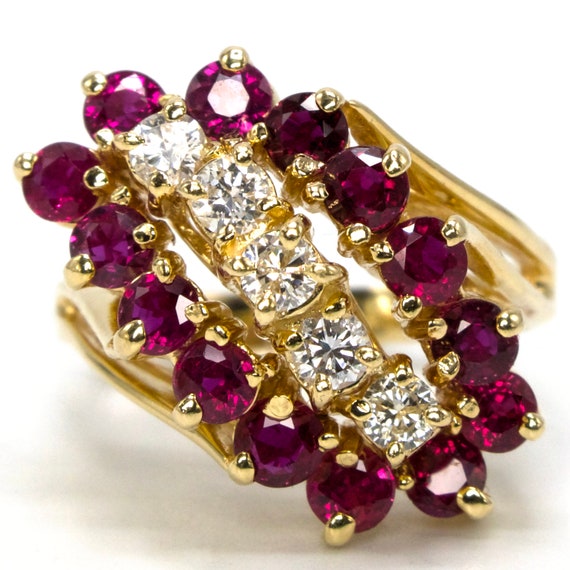 Yellow Gold Diamond and Ruby Waterfall Bypass Ring