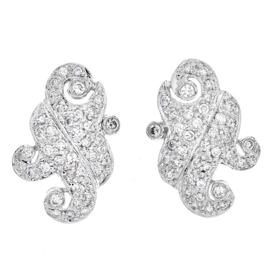 Estate Diamond 18K White Gold  Filigree Swirl Ear… - image 1