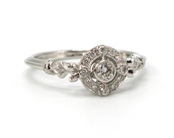 Dainty Art Deco Style 14K White Gold Diamond Engagement Ring with Halo