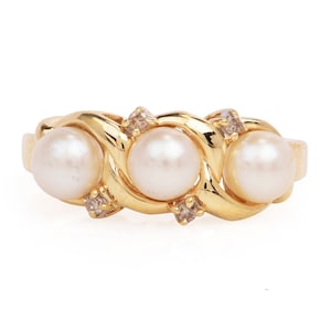 Vintage Three Pearl and Diamond Ring in 14K Yellow Gold