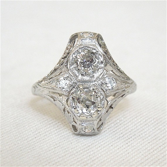 Platinum Two Stone Navette Art Deco Diamond Engag… - image 1