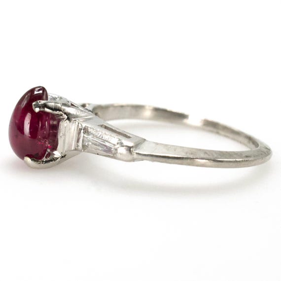 Pear Shaped Cabochon Ruby Platinum Ring with Tape… - image 4