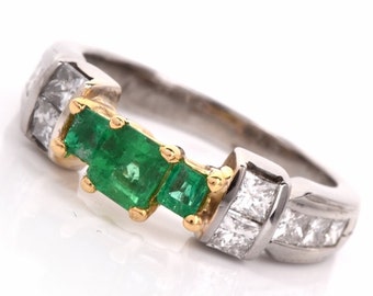 Three Emerald Ring in Bicolor 18K Mounting with Princess Cut Diamonds