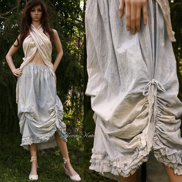 Irina-Sky - Bohemian Romantic Spotted Hand Dyed Linen-Cotton Skirt with Frills Lagenlook OOAK