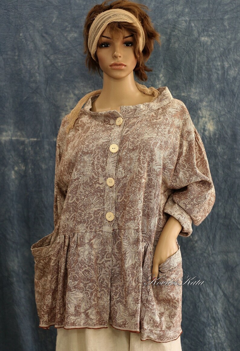 Lagenlook Plus Size Clothing Gracia Coat Bohemian Romantic 100/% Linen Jacquard Jacket with Pockets