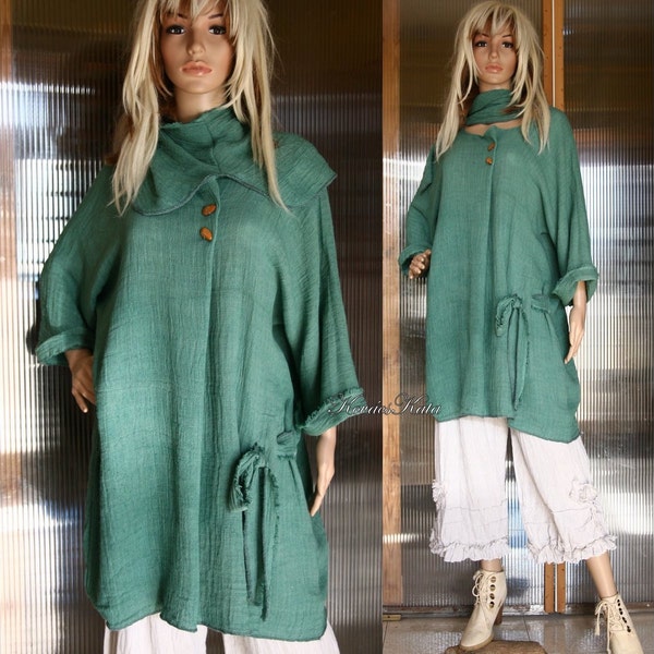 Tanita - Turquise Green - Bohemian Hand Dyed Tunic Dress with Shawl Bohemian Lagenlook Plus Size OOAK